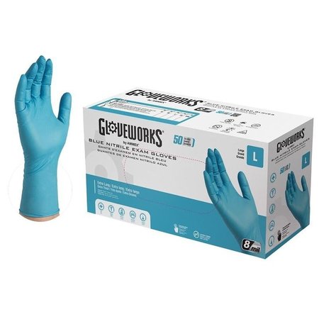 AMMEX Nitrile Disposable Gloves, 7 mil Palm, Nitrile, Powder-Free, L, Blue GPNHD66100